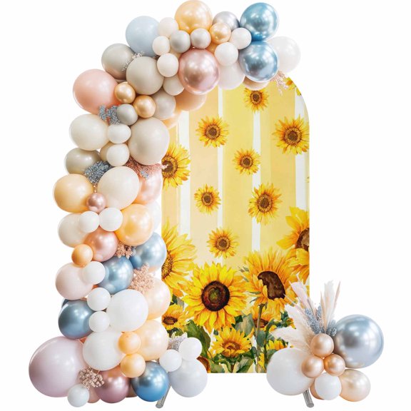 Wedding Arch Cover 4 FT, Summer Botanical Stretch Chiara Backdrop Cover for Round Top Arch Stand, Rustic Farmhouse Sunflowers Stripe Yellow Reusable Party Decoration for Wedding Baby Shower Birthday