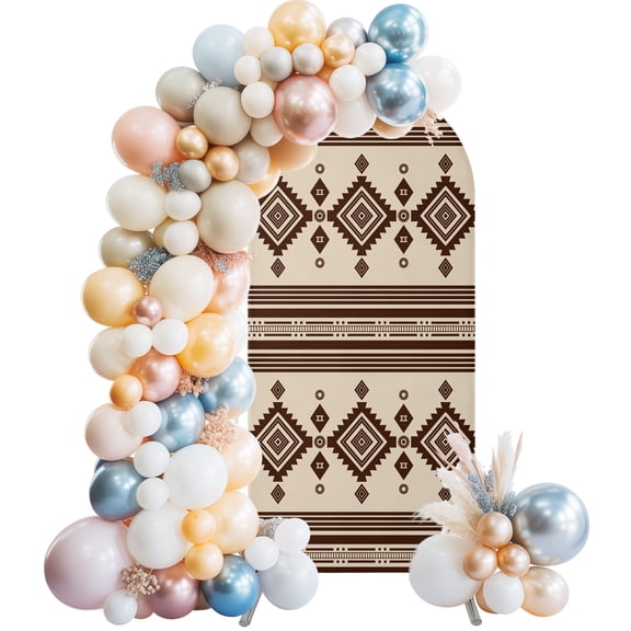 Wedding Arch Cover 5 FT, Tan Boho Southwestern Stretch Chiara Backdrop Cover for Round Top Arch Stand, Vintage Ethnic Tribes Zigzag Tile Reusable Party Decoration for Wedding Baby Shower Birthday