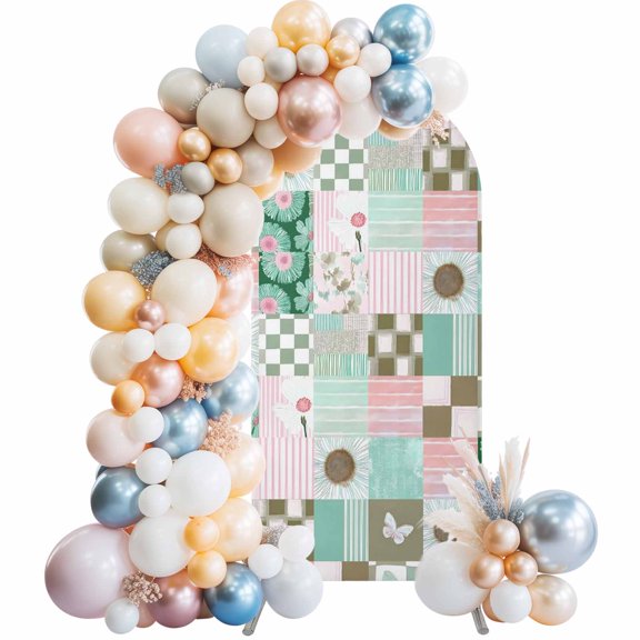 Wedding Arch Cover 6.6 FT, Spring Floral Checkered Stretch Chiara Backdrop Cover for Round Top Arch Stand, Turquoise Pink Buffalo Plaid Reusable Party Decoration for Wedding Baby Shower Birthday