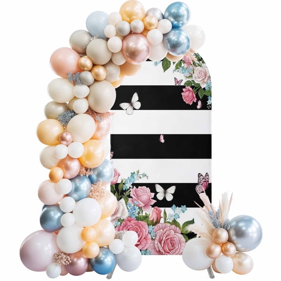 Wedding Arch Cover 7.2 FT, Pink Flowers Stretch Chiara Backdrop Cover for Round Top Arch Stand, Spring Floral Butterflies Black White Striped Farmhouse Reusable Party Decoration for Wedding Birthday