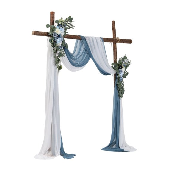 Wedding Arch Flowers Kit (4-Pack) - 21FT Fabric Draping with Fake Flowers - All-in-One Ceremony Backdrop for Indoor/Outdoor Weddings - Waterproof Arch Decor (Blue & White)
