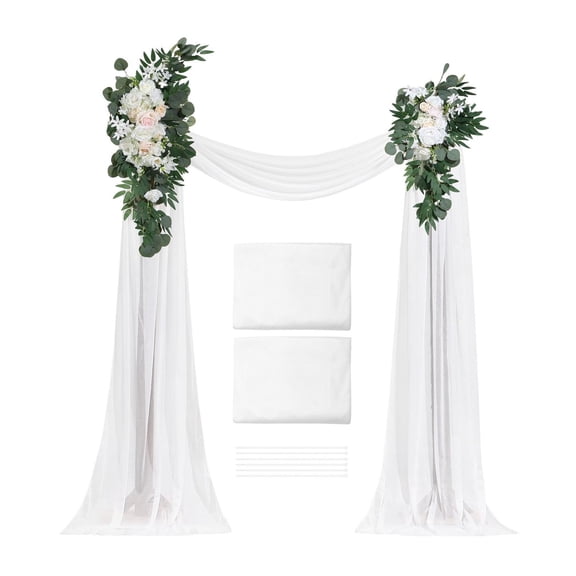 Wedding Arch Flowers Kit White - 21ft Arch Drapes & Silk Floral Arrangements (4 Pcs) - Ceremony Backdrop Decoration, Reception Flowers, Party Supplies