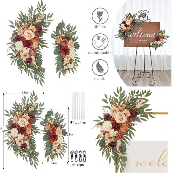 Wedding Arch Flowers Set of 2 Flower Swag Arrangements Burnt Orange Wedding Welcome Signs Terracotta Flowers for Wedding Ceremony and Reception Backdrop