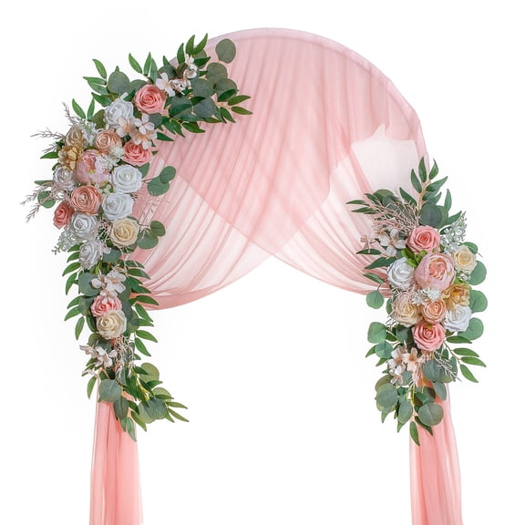 Wedding Arch Flowers Set, 2Pcs Artificial Flower Swag with 1 pcs Chiffon Runner for Ceremony Decor - Pack of 3