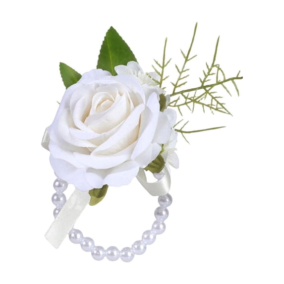 Wedding Artificial Flower Corsage, Oimcto Flower Corsage Boutonniere Set for Bridesmaids, Grooms, Prom & formal Events, Matching Set with Realistic Fabric Roses & Satin Ribbons, White, Corsage