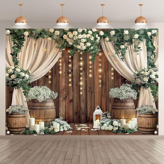 Wedding Backdrop White Roses Floral Candles Wooden Wall Curtain Photography Background Bridal Shower Party Decorations Photo Props