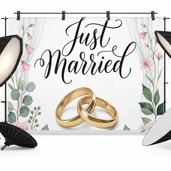 Wedding Backdrops for Photography, Just Married Rings Roses Formal Romantic Fabric Photo Background Sturdy Studio Props for Photo Studio, Video Recording, Booth & Photoshoot 10x8ft
