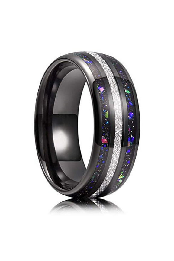 Wedding Band Men or Women. 8mm Meteorite Rainbow Opal Black Tungsten Ring