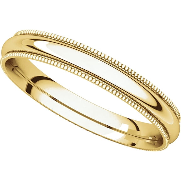 Wedding Band Plain Milgrain Ring Solid 14k Yellow Gold Polished Finish Regular Fit, 3 mm, Size 10.5