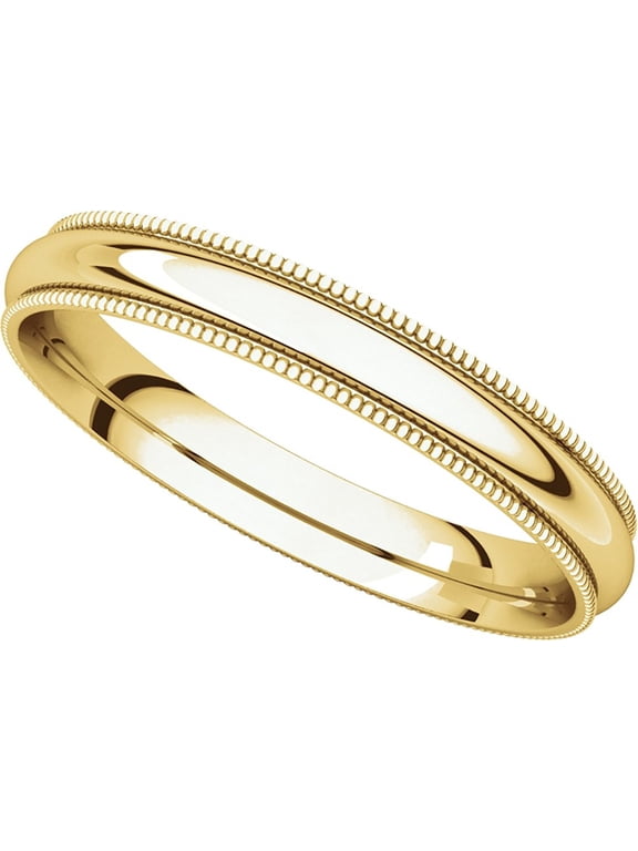 Wedding Band Plain Milgrain Ring Solid 14k Yellow Gold Polished Finish Regular Fit, 3 mm, Size 8.5
