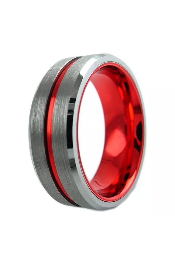 Wedding Band Ring for Men Tungsten Men's Red Line Brushed Silver