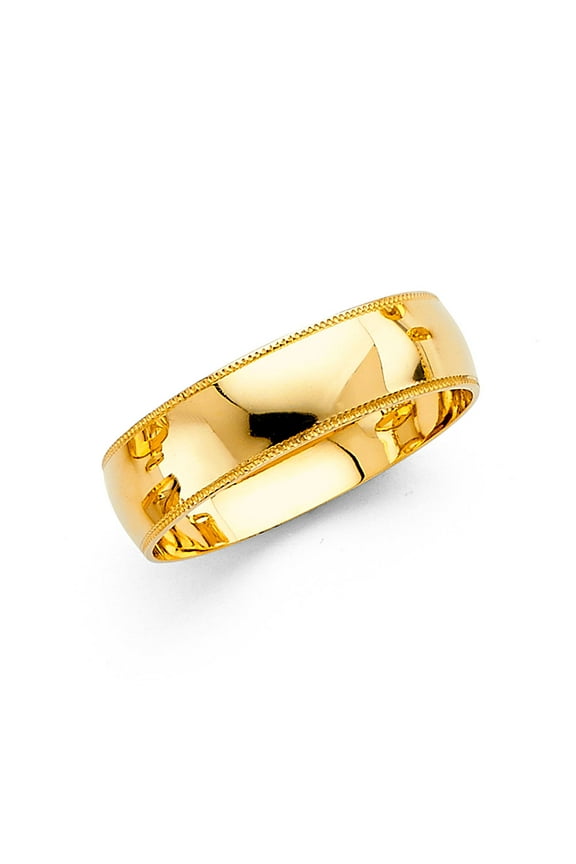 Wedding Band Solid 14k Yellow Gold Ring Milgrain Edges Plain Dome High Polished Style 6 mm Size 11