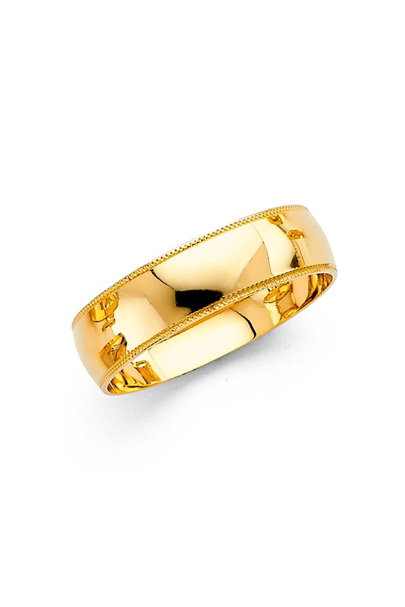 Wedding Band Solid 14k Yellow Gold Ring Milgrain Edges Plain Dome High Polished Style 6 mm Size 9