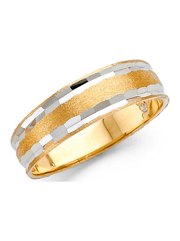 Wedding Band Solid 14k Yellow White Gold Tapered Ring Diamond Cut Sand Polished Two Tone 6 mm Size 11