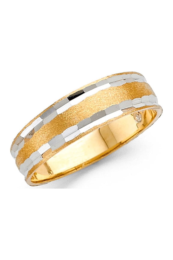 Wedding Band Solid 14k Yellow White Gold Tapered Ring Diamond Cut Sand Polished Two Tone 6 mm Size 9