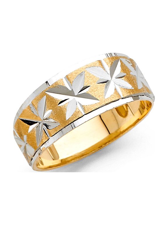 Wedding Band Solid 14k Yellow White Gold Tapered Ring Diamond Cut Satin Two Tone Polished 8 mm Size 9.5