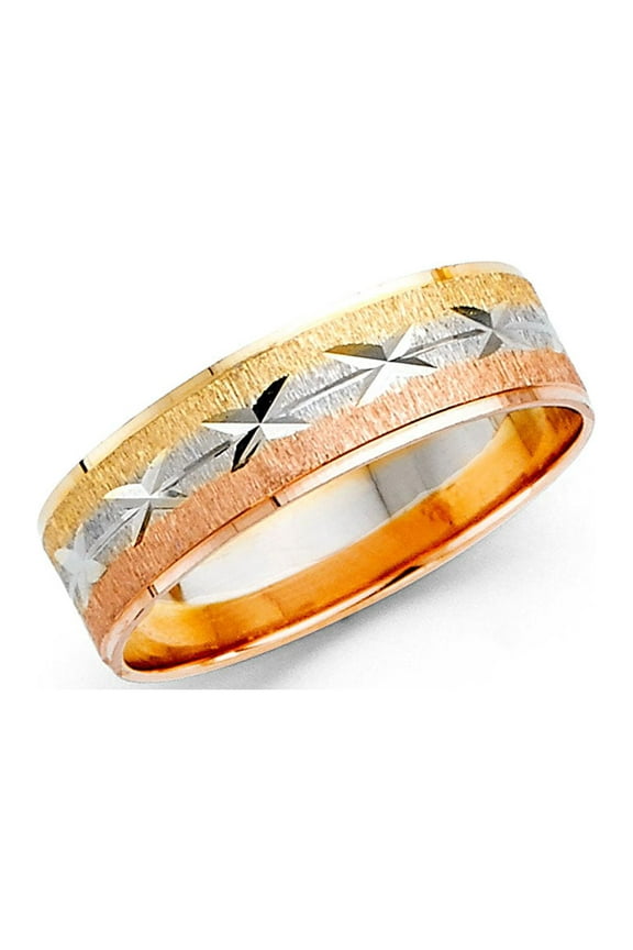 Wedding Band Solid 14k Yellow White Rose Gold Ring Diamond Cut Star Satin Finish Tri Color 6 mm Size 10