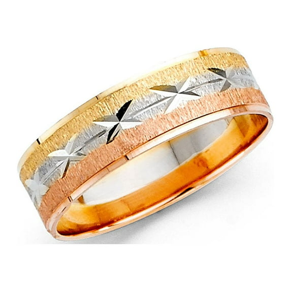Wedding Band Solid 14k Yellow White Rose Gold Ring Diamond Cut Star Satin Finish Tri Color 6 mm Size 9