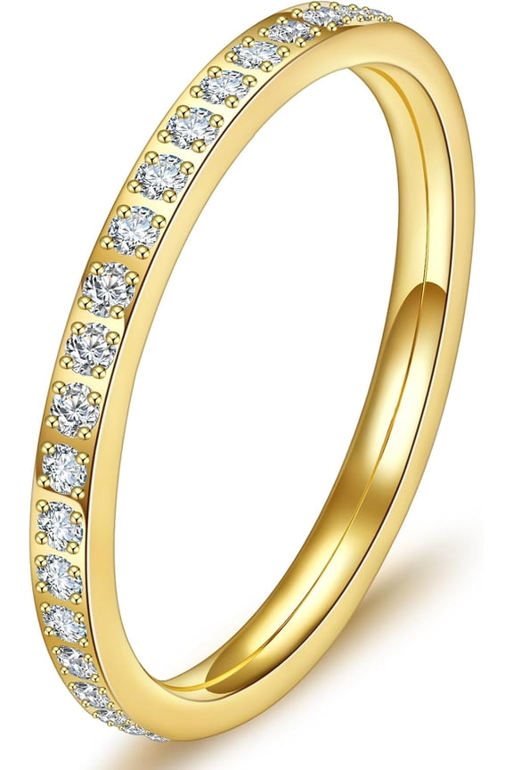 Wedding Bands Promise Rings for Women: 18K Gold Plated Stainless Steel CZ Simulated Diamond Eternity Band Stackable Engagement Ring 2mm Thin Jewelry Silver Rose Gold Size 5 6 7 8 9 10