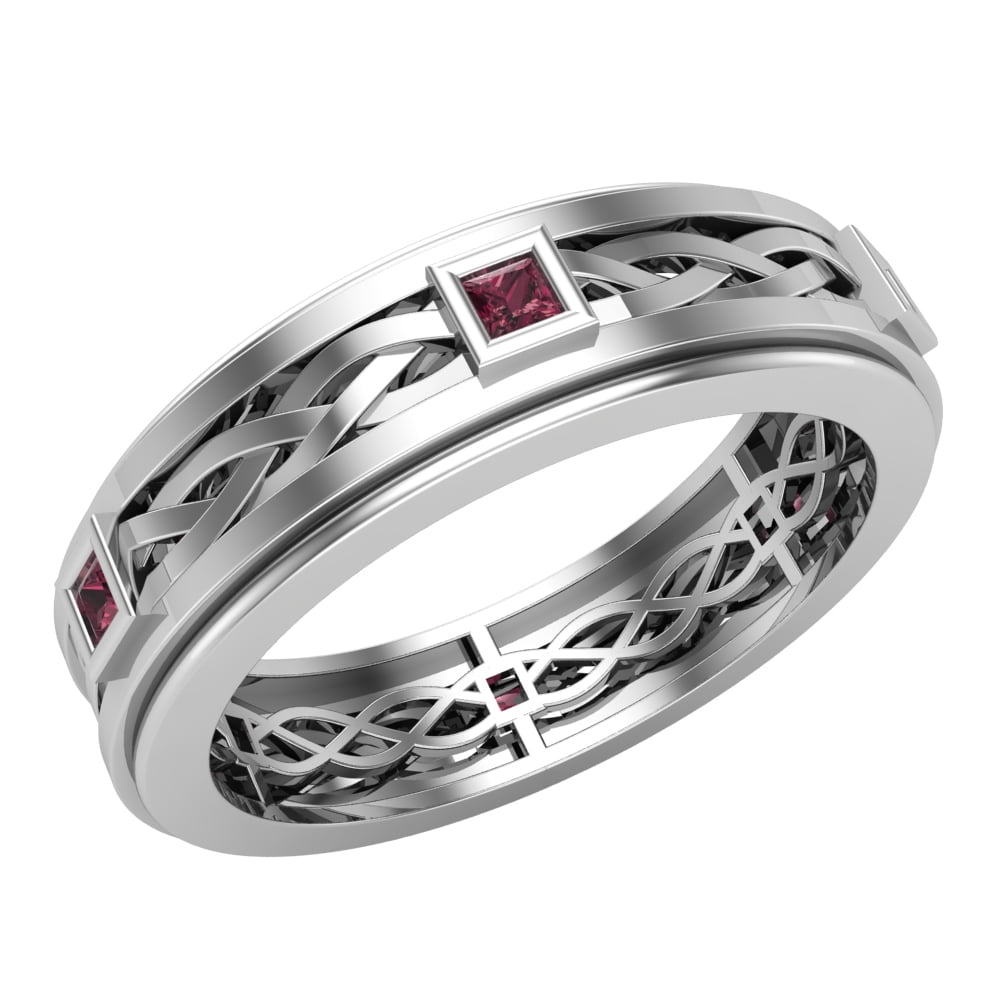Wedding Bands for Men 7 MM Princess Cut Garnet 14K White Gold