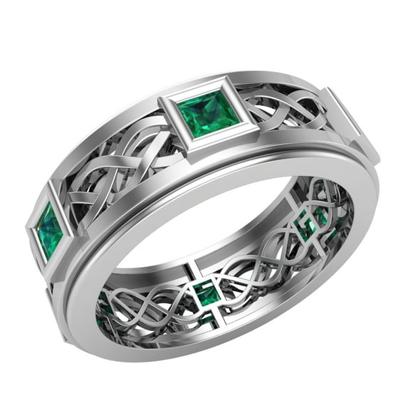 Wedding Bands for Men 9 MM Princess Cut Emerald 14K White Gold 1.70 CTW