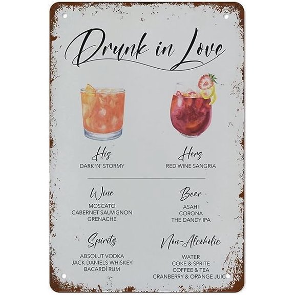 Wedding Bar Menu Metal Sign Drink Menu Tin Poster Print Bar Menu His and Hers Cocktail Tin Signs Drunk in Love Retro Aluminum Plaque for Home Coffee Wall Decor 8x12 Inch