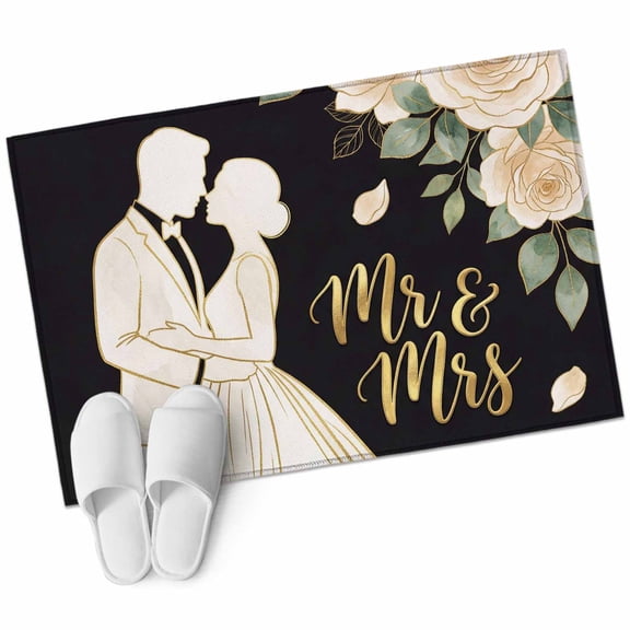 Wedding Bathroom Rug Washable 2x3 Entryway Rug Non Slip Bride Groom Flowers Rose Eucalyptus Leaves Front Door Mat Low Pile Indoor Doormat Throw Floor Carpet for Kitchen Bedroom Entrance