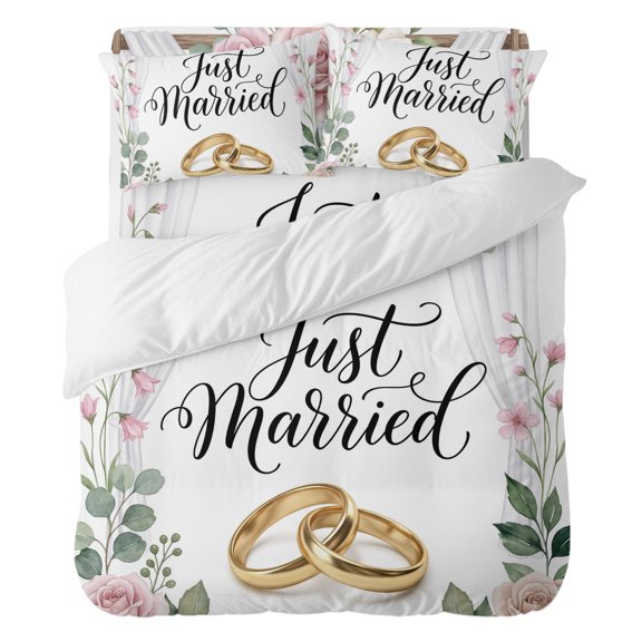 Wedding Bedding Duvet Cover Set Queen Size 4 Pieces, Just Married Rings Roses Formal Romantic Bedding Set with Zipper Closure, 1 Comforter Cover 90x90 Inches 1 Flat Sheet & 2 Pillow Cases