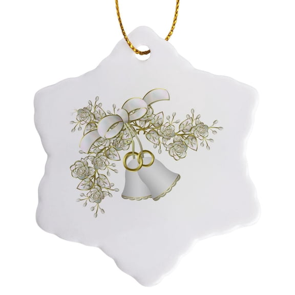 3drose, Wedding Bells and Flowers, 3 inch Snowflake Porcelain Ornament