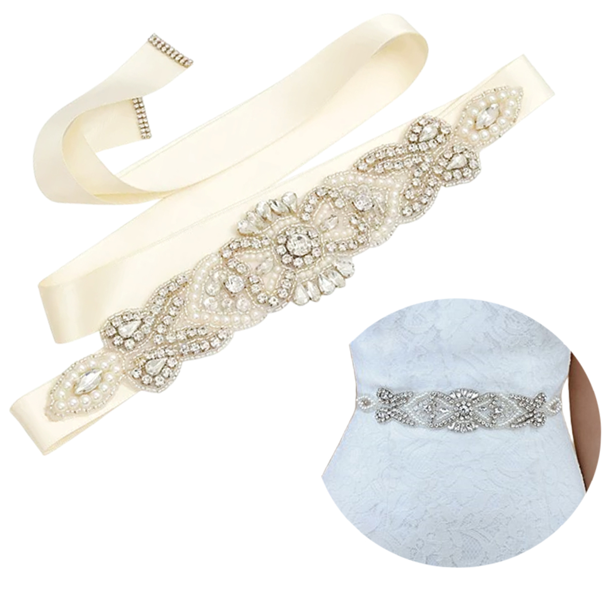 Wedding Belt Bridal Wedding Dress Belt Hand Rhinestone Wedding Belt 22 In  Length with Ivory White Ribbon for Wedding Dress