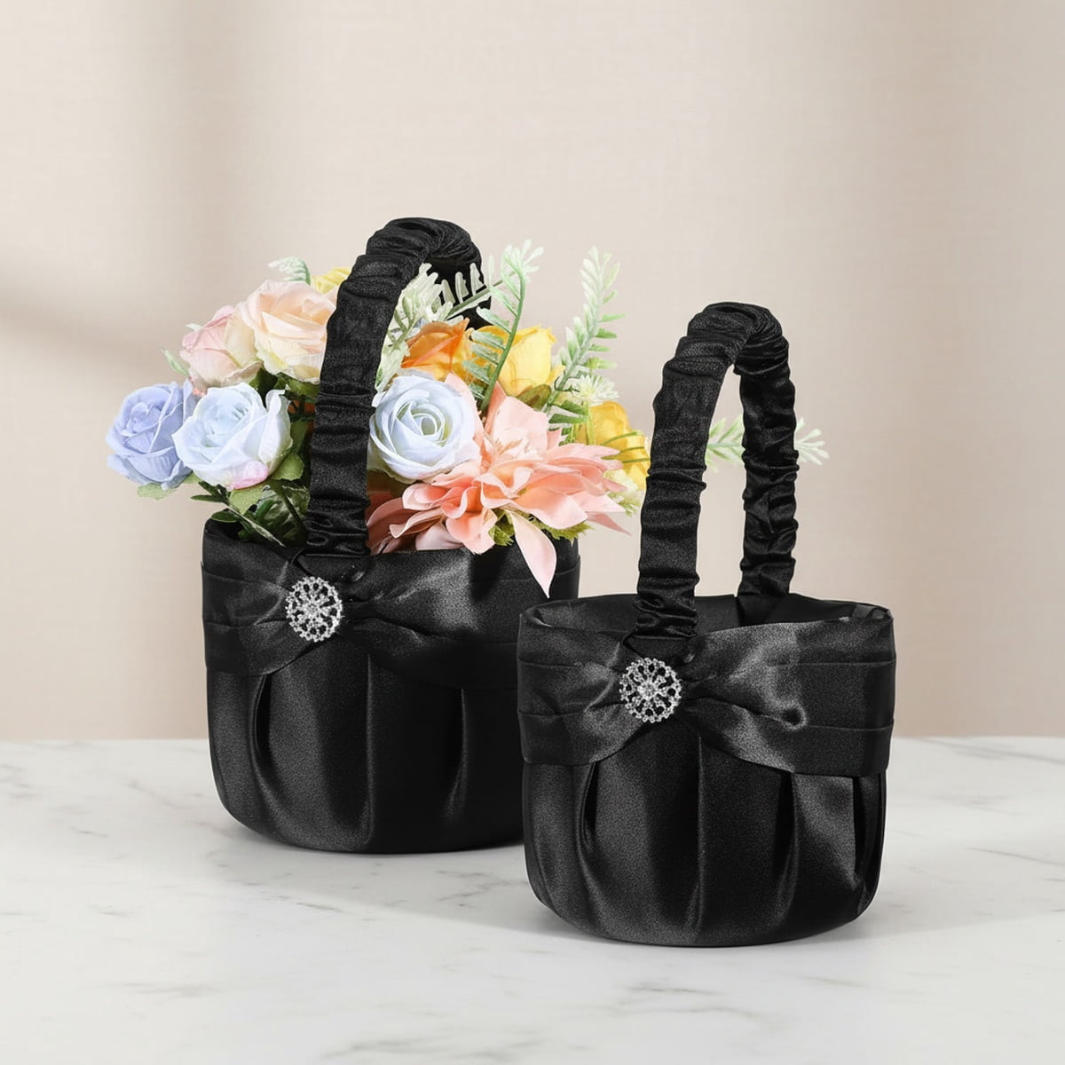 Wedding Black Flower Basket Gothic Flower Basket for Wedding Ceremony Satin Rhinestone with Handle for Petals Confetti Banquet Home Decoration Western Party (Snowflake)