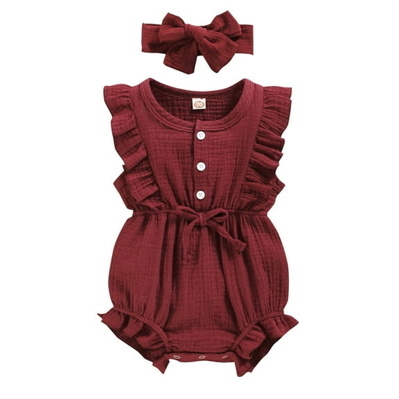 Wedding Bodysuit for Baby Girls Romper Sleeveless Ruffle Jumpsuit with Headband Kids Jumpsuit Summer Outfit