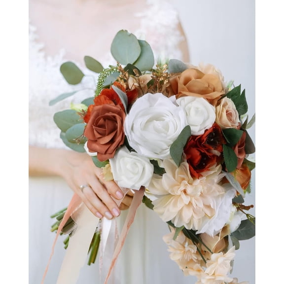 Wedding Bouquet, 11 Inch Terracotta Wedding Decor Artificial Flowers Bridal Bouquet Cascading Wedding Bouquets for Bride for Wedding Ceremony and Anniversary(Chic Terracotta)