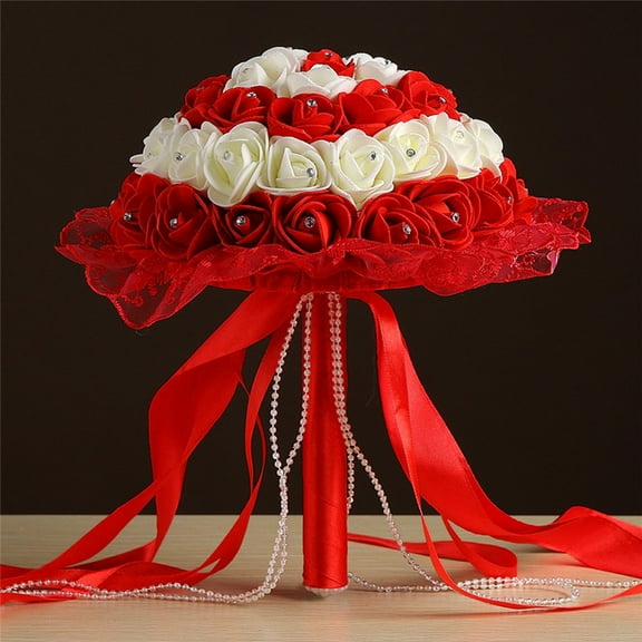 Wedding Bouquet Artificial Rose Silk Bouquet Bridal Holding Flower Bridesmaid Decor Romantic Wedding Supplies Lace Hand Bunch Roses Bridesmaid Bouquet Bridal Bouquet, Red White
