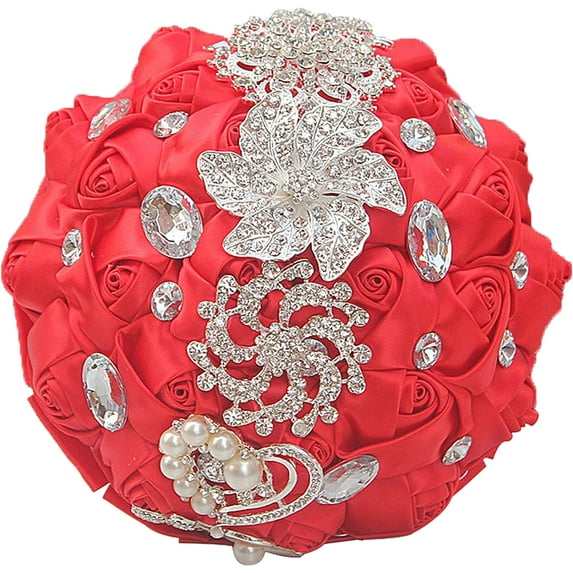 Wedding Bouquet Bridal Bouquet Handmade Silk Satin Rose Artificial Flower with Sparkling Rhinestone Brooch Crystals Pearl Soft Ribbon for Bride Bridesmaid Church(10''W×11''H,Black and Red)