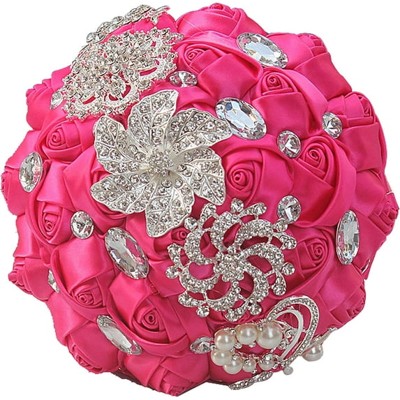 Wedding Bouquet Bridal Bouquet Handmade Silk Satin Rose Artificial Flower with Sparkling Rhinestone Brooch Crystals Pearl Soft Ribbon for Bride Bridesmaid Church(10''W×11''H,Black and Red)