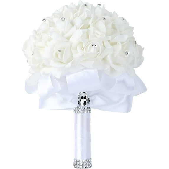Wedding Bouquet Crystal Roses Bridesmaid Bouquet, Bridal Bouquet Artificial Flowers for Wedding, Party and Church (White)