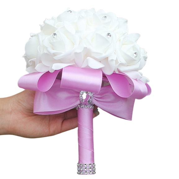 Wedding Bouquet, Handmade White Bridesmaid Bouquet Bridal Bouquet with Crystals Soft Ribbons, Artificial Rose Flowers for Wedding, Party and Church, Valentines Day