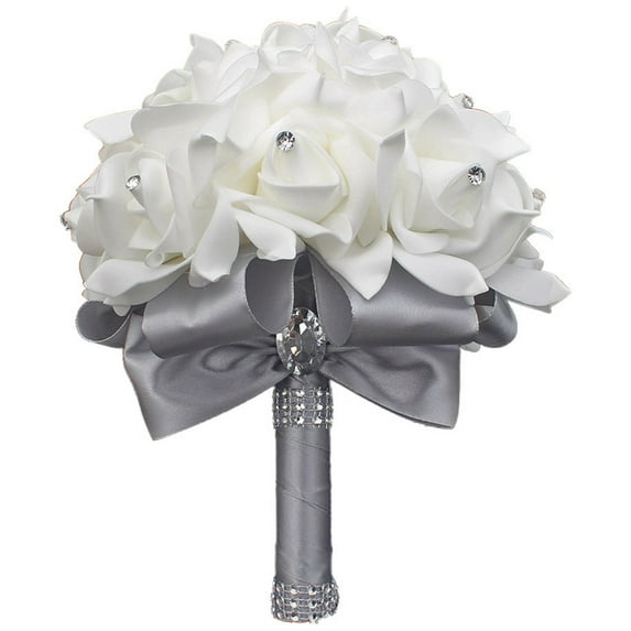 Wedding Bouquet, Handmade White Bridesmaid Bouquet Bridal Bouquet with Crystals Soft Ribbons, Artificial Rose Flowers for Wedding, Party and Church, Valentines Day