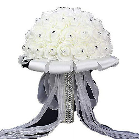 Wedding Bouquet, Holding Flowers Crystal Roses Pearl Bridesmaid Wedding Bouquet Bridal Artificial Silk Flowers (XF10)