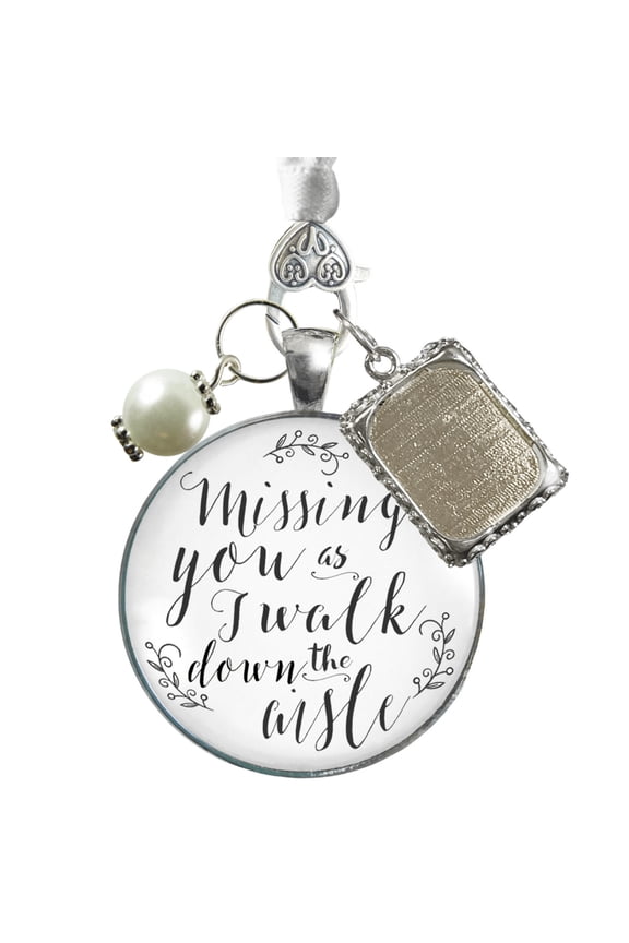Wedding Bouquet Memorial Charm Missing You White Silver Tone Memory Photo Jewelry