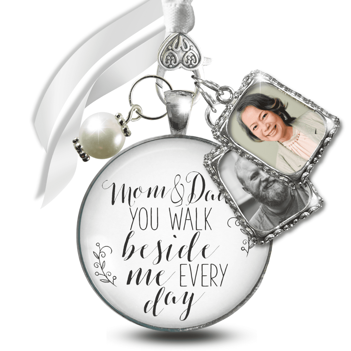 Wedding Bouquet Memorial Charm for Bride Missing You As I Walk Down the Aisle Silver White Pendant Photo Frame