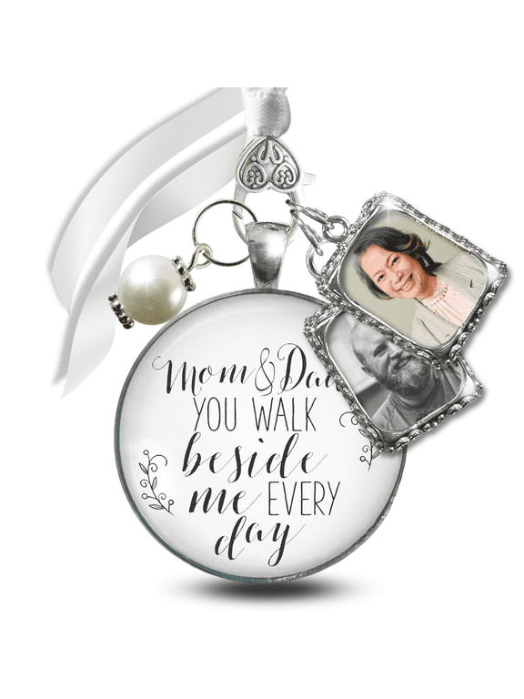 Wedding Bouquet Memorial Charm for Bride Missing You As I Walk Down the Aisle Silver White Pendant Photo Frame