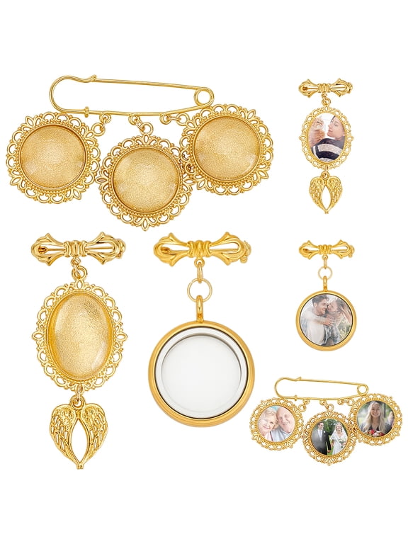 Wedding Bouquet Photo Charm DIY Pin Brooch Making Kit Memory Locket Pendant Bridal Charm Oval Round Glass Cabochons Picture Frame Gold