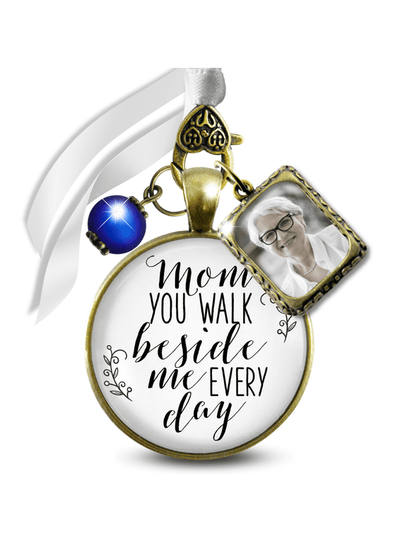 Wedding Memorial Charm to Honor Mother Mom You Walk Beside Me Every Day Bronze White Pendant Something Blue Bead Photo Frame