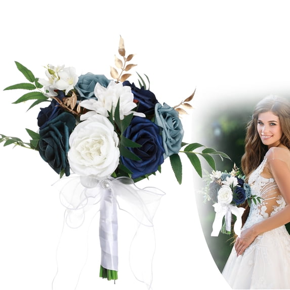 Wedding Bouquets for Bride Bridesmaid, 8.6 Inch Artificial Roses Flowers Bridal Bouquets, Wedding Rose Bouquet for Wedding, Bridal Bouquet with Greenery, Wedding Party Floral Decoration,Blue