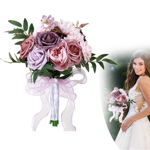 Wedding Bouquets for Bride Bridesmaid, 8.6 Inch Artificial Roses Flowers Bridal Bouquets, Wedding Rose Bouquet for Wedding, Bridal Bouquet with Greenery, Wedding Party Floral Decoration,Pink