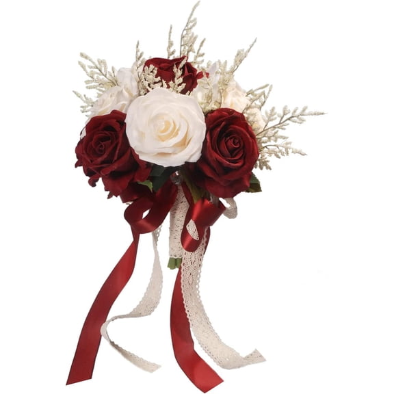Wedding Bouquets for Bride, Champagne White & Burgundy Bridal Bridesmaid Wedding Flowers, Artificial Toss Rose for Civil Ceremony (Hollow Lace Ribbon Handle)