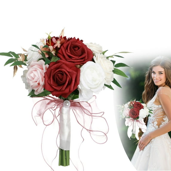 Wedding Bouquets for Bride Verdsylv Artificial Bridal Bouquet, Realistic Silk Rose Wedding Bouquet with Greenery for Bride, Flower Girl, Ceremony Decor, Faux Holder Flowers, Wedding Decorations, Red