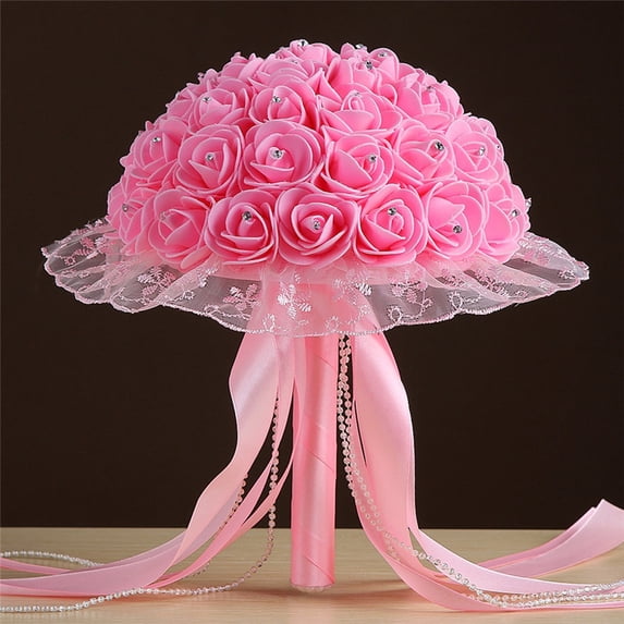 Wedding Bouquets for Bride, Wedding Bouquet Bridesmaid, Crystal Lace Rose Bouquet, String Bead Lace Bouquet, Artificial Silk Flower Bouquet, Wedding Ceremony Decor, Bridesmaid Holding Bouquet,Pink